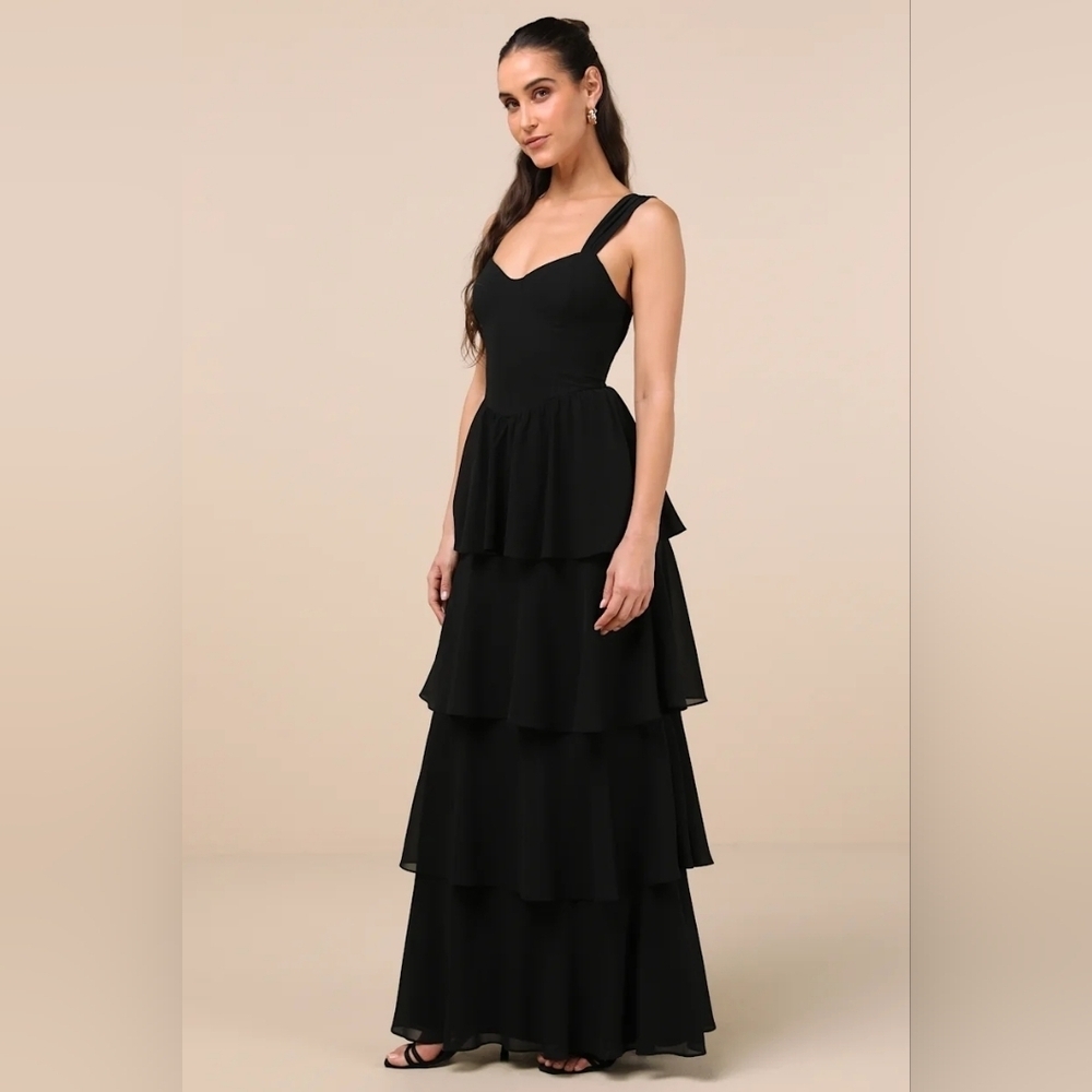 Lulus Carlynda Black Tiered Bustier Maxi Dress L Wedding Party Feminine NWT - Picture 3 of 10